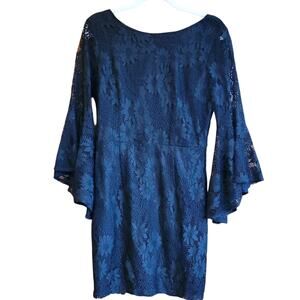 Lulus Black Lace Dress Bell Sleeve V Neck Sheer Overlay Cocktail Midi Witchy